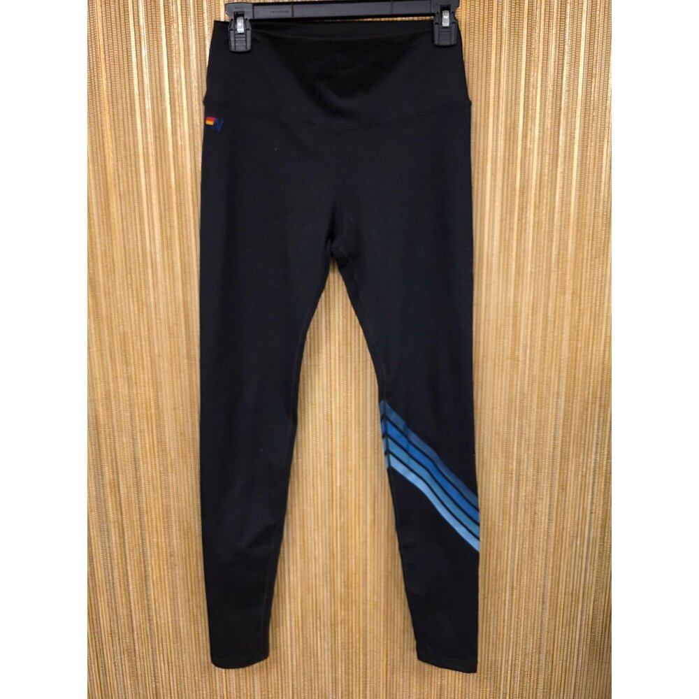 Aviator Nation Black Leggings with Blue Stripe Detail